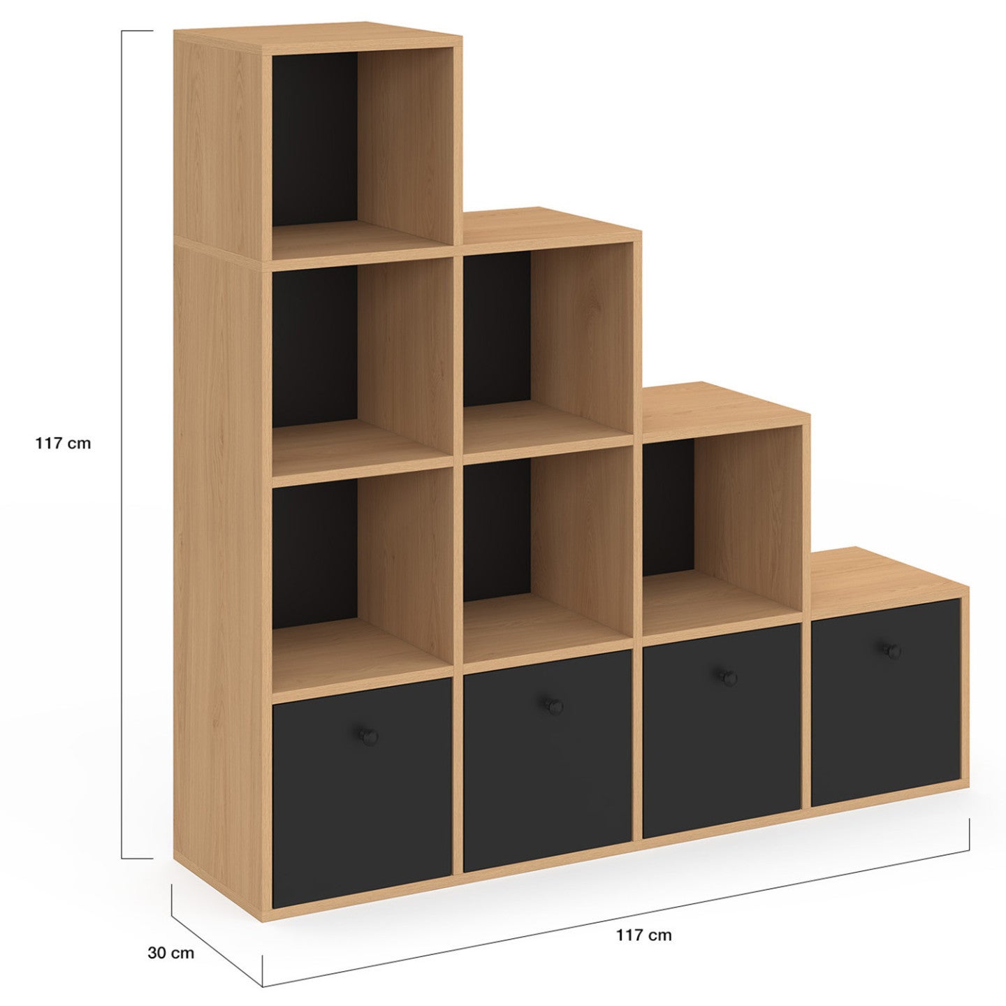 Meuble de rangement en escalier LORYS 4 niveaux bois et noir avec 4 tiroirs en tissu - 5