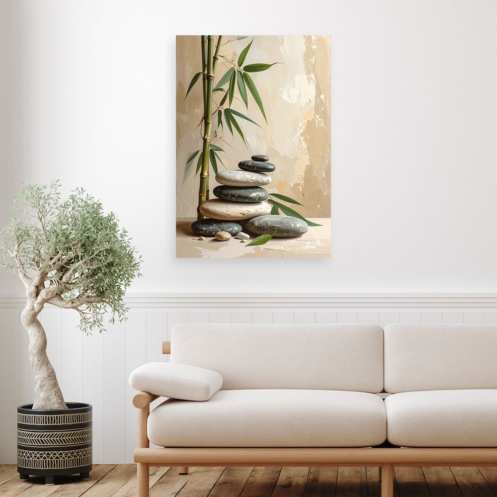 Obraz do salonu sypialni, Kamienie zen spa liście bambusa w beżu 60x90 - 2