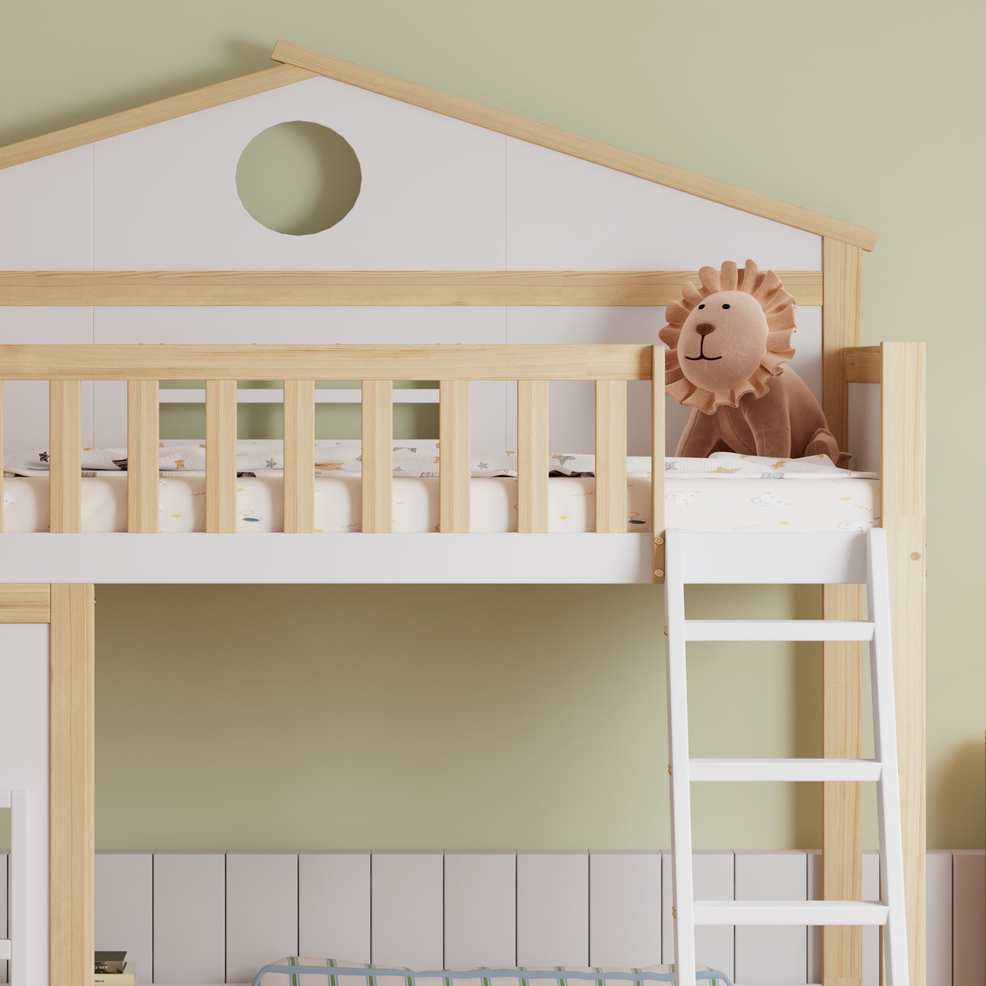 Lit mezzanine 90x200cm avec échelle, lit superposé bois avec 3 fenêtres et barrière de sécurité, cadre de pin, sommier à lattes, blanc (sans matelas) - 7