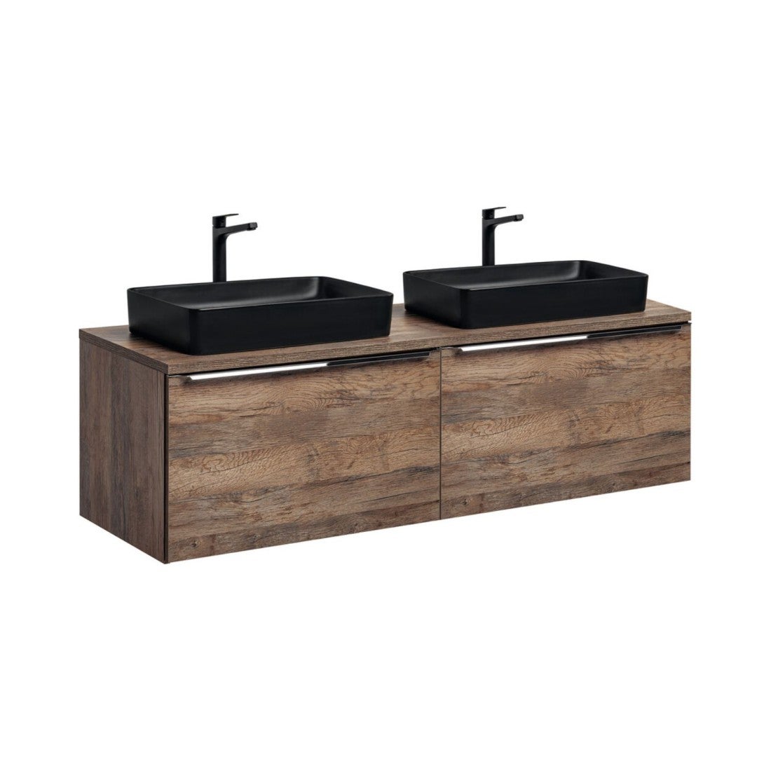 Conjunto de baño vanta en roble: muebles bajo lavabo de 160cm + encimera + 2 lavabos negros para colocar