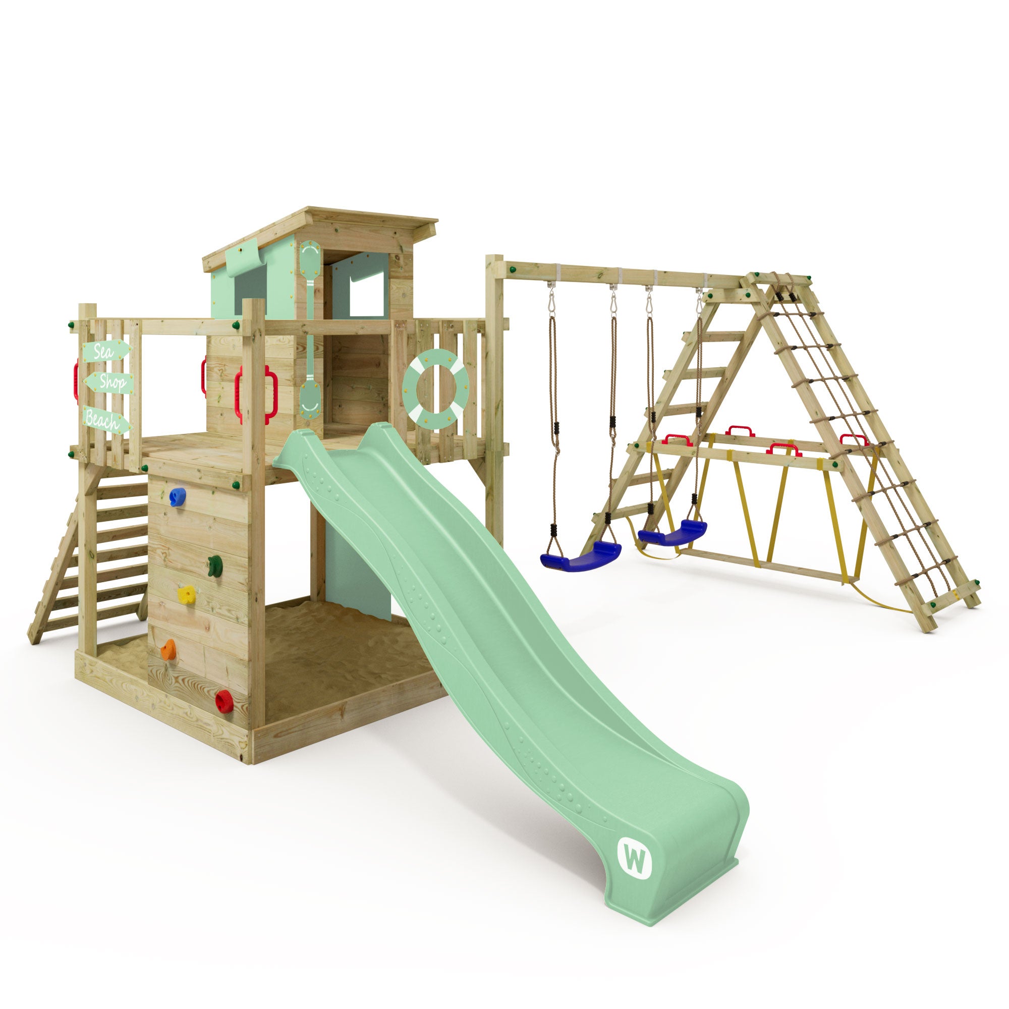 WICKEY Aire De Jeux Marine SeaFlyer En Bois Avec Toboggan Vert Pastel Balancoire Double Et Aire De Jeux Bateau 91145678 WICKEY Aire De Jeux Marine SeaFlyer En Bois Avec Toboggan Vert Pastel Balancoire Double Et Aire De Jeux Bateau 91145678