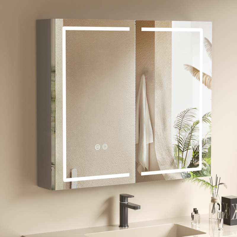 Armario de baño con espejo, antivaho y interruptor táctil, espejo de baño con armario 80x70cm con 3 colores y enchufe, brillo ajustable gris
