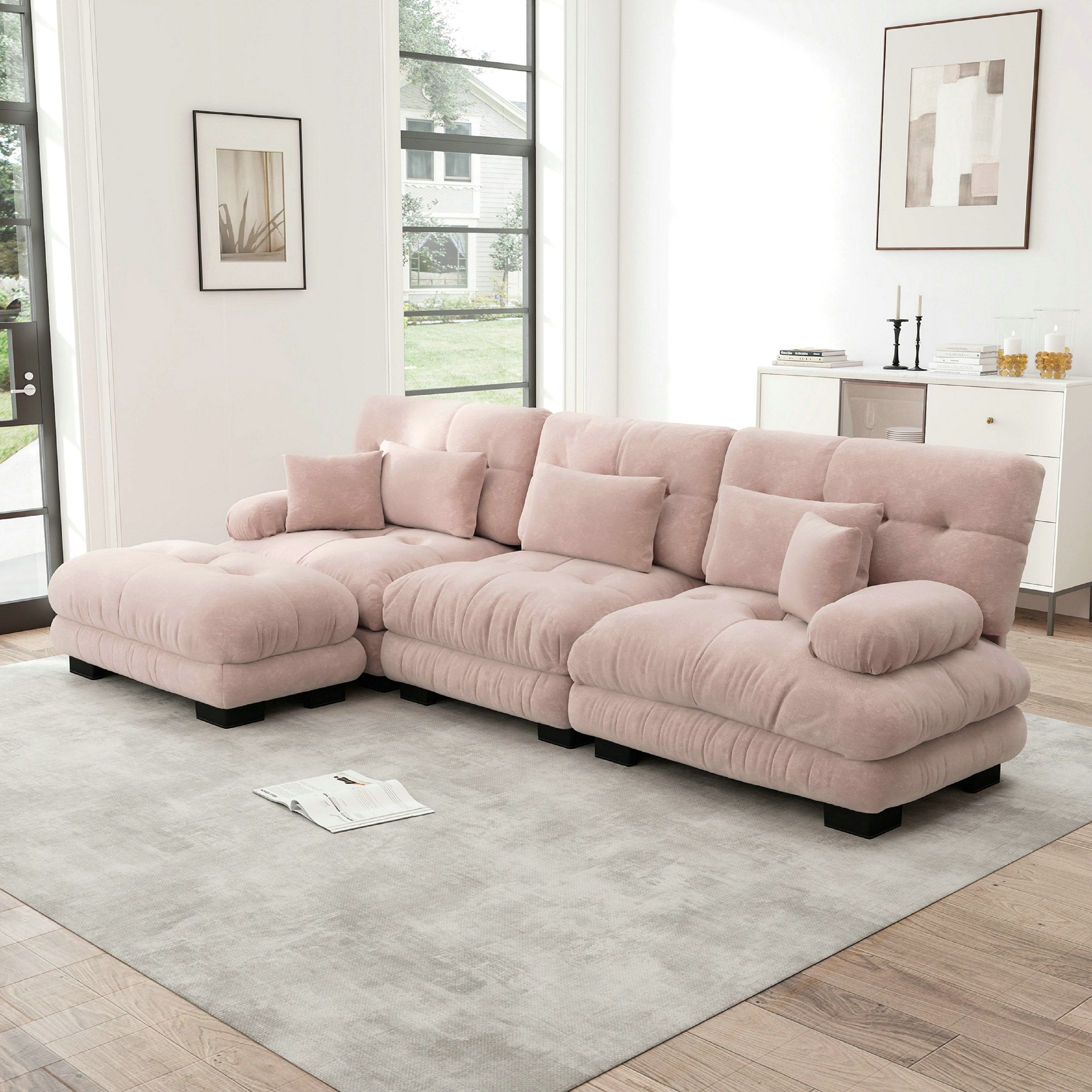 Canapé d\'angle modulaire luxueux 3 places – en forme de nuage, Élégant confortable – canapé-lit profond avec pouf – chenille – rose - 4