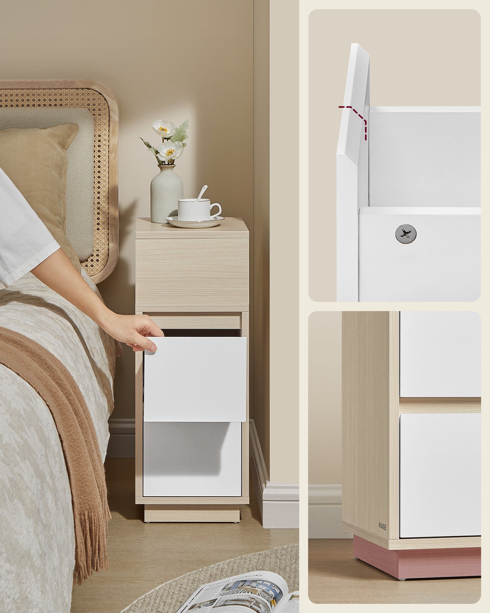 Table de Chevet Étroite, Table d’Appoint avec 2 Tiroirs et Compartiment Ouvert, Montage à Gauche ou à Droite, Beige Naturel et Blanc Nuage - 6