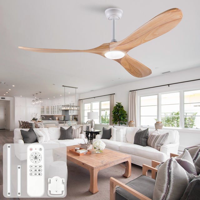 Ventilateur 152cm lumineux 3 pales bois massif, 3CCT, 6 vitesses réversible, télécommande pour grand salon et salle à manger