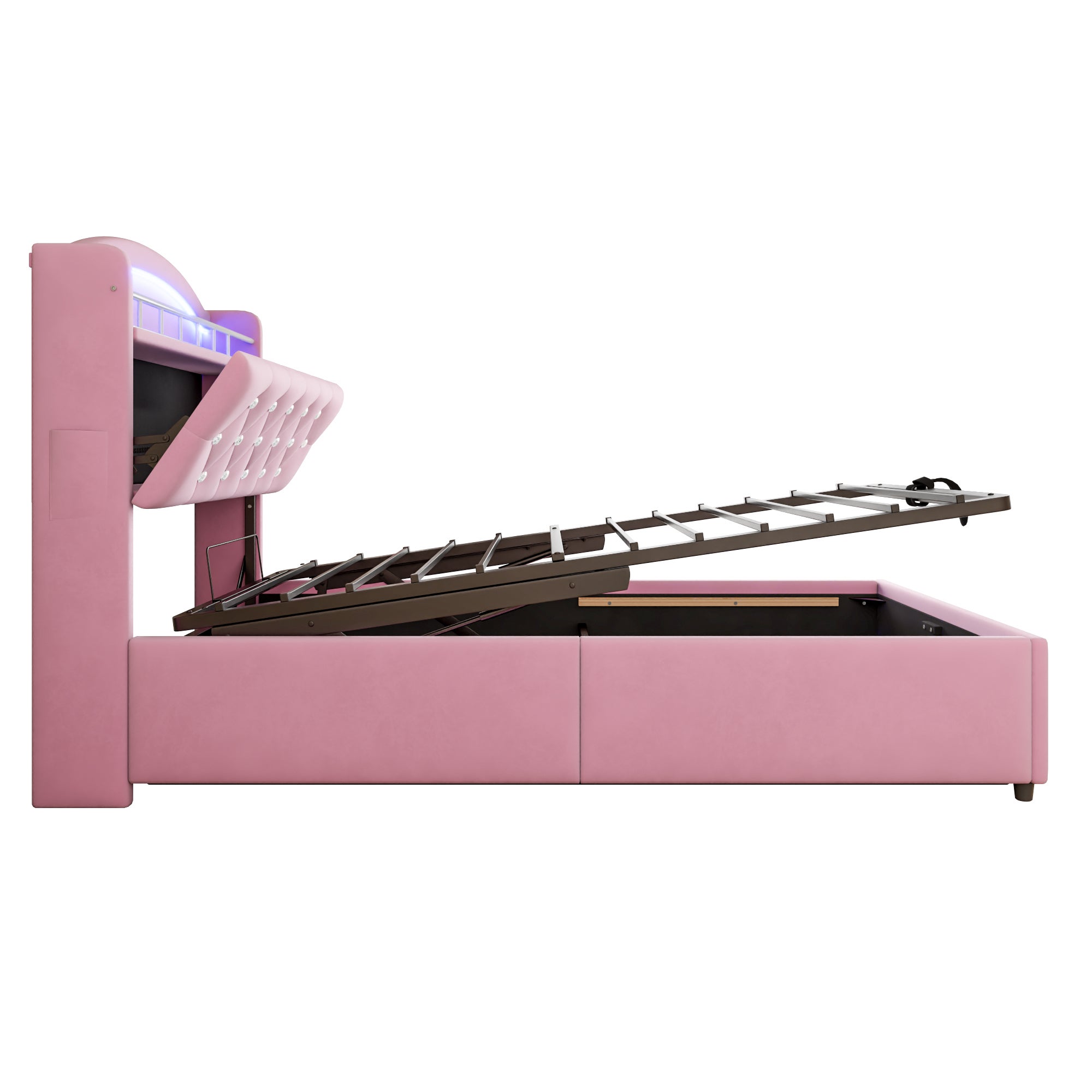 Lit rembourré 90x200 cm,Lit Enfant avec lumière LED et USB,avec Espace de Rangement,Lit Simple multifonctionnel,Velours,Rose (Matelas Non Inclus) - 9
