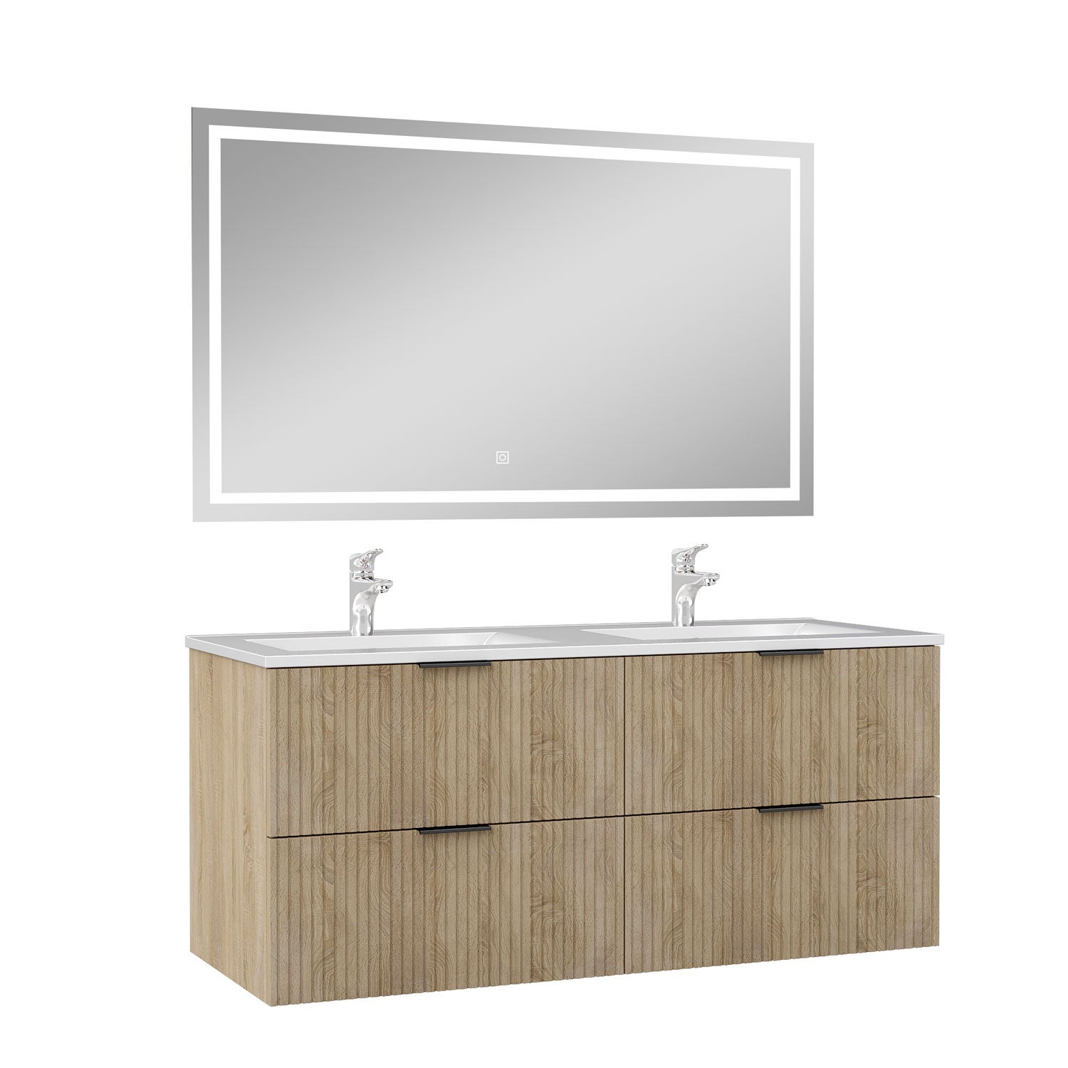 Ensemble Meuble Salle de Bain 120 cm Suspendu avec Miroir LED, 4 Tiroirs à fermeture douce, Double Vasque, Chêne Cannelé - 2
