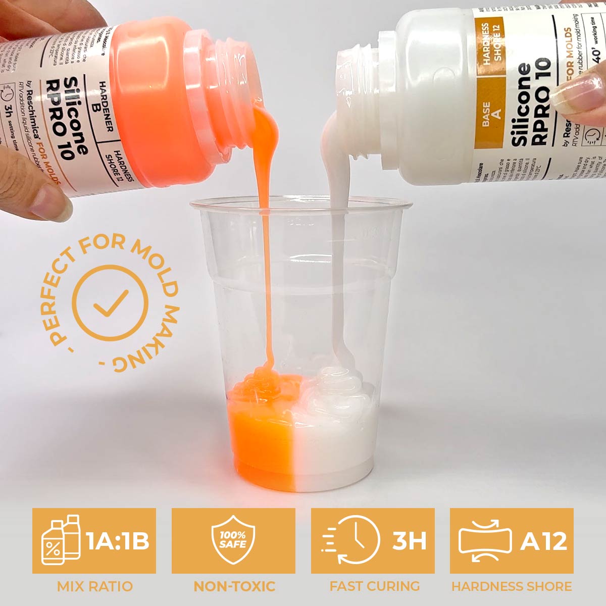 R PRO 10 è una gomma di silicone 1:1 morbida , no tossica, liquida con catalizzatore al platino, alta resistenza agli strappi (2 kg) - 2