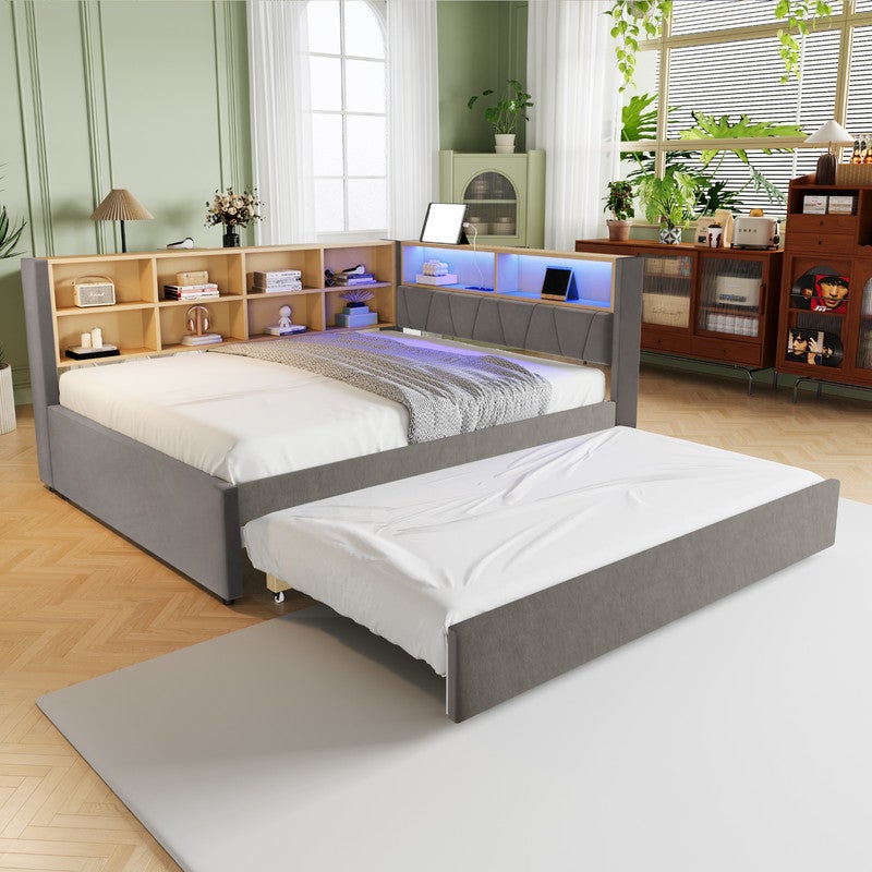Sofa rozkładana 140x200 - z łóżkiem wysuwanym 90x190 cm - z gniazdem USB - dużo miejsca do przechowywania - łóżko tapicerowane - Ciemnoszary