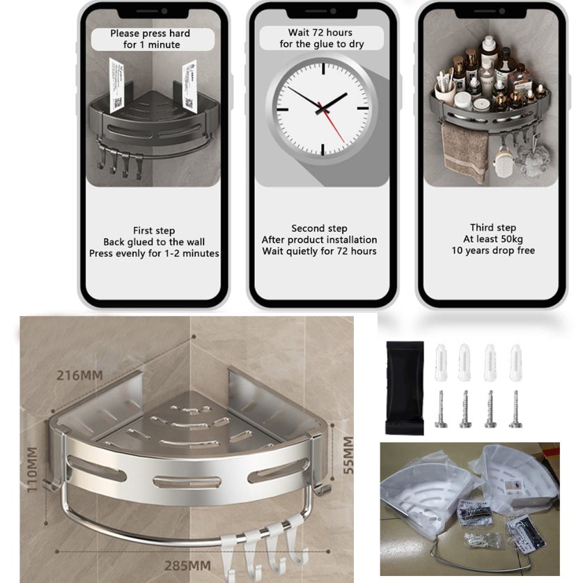 Étagère de douche d'angle, 2 paquets, étagère murale de salle de bain avec adhésif, organisateur de rangement pour toilettes, dortoir et cuisine - 3