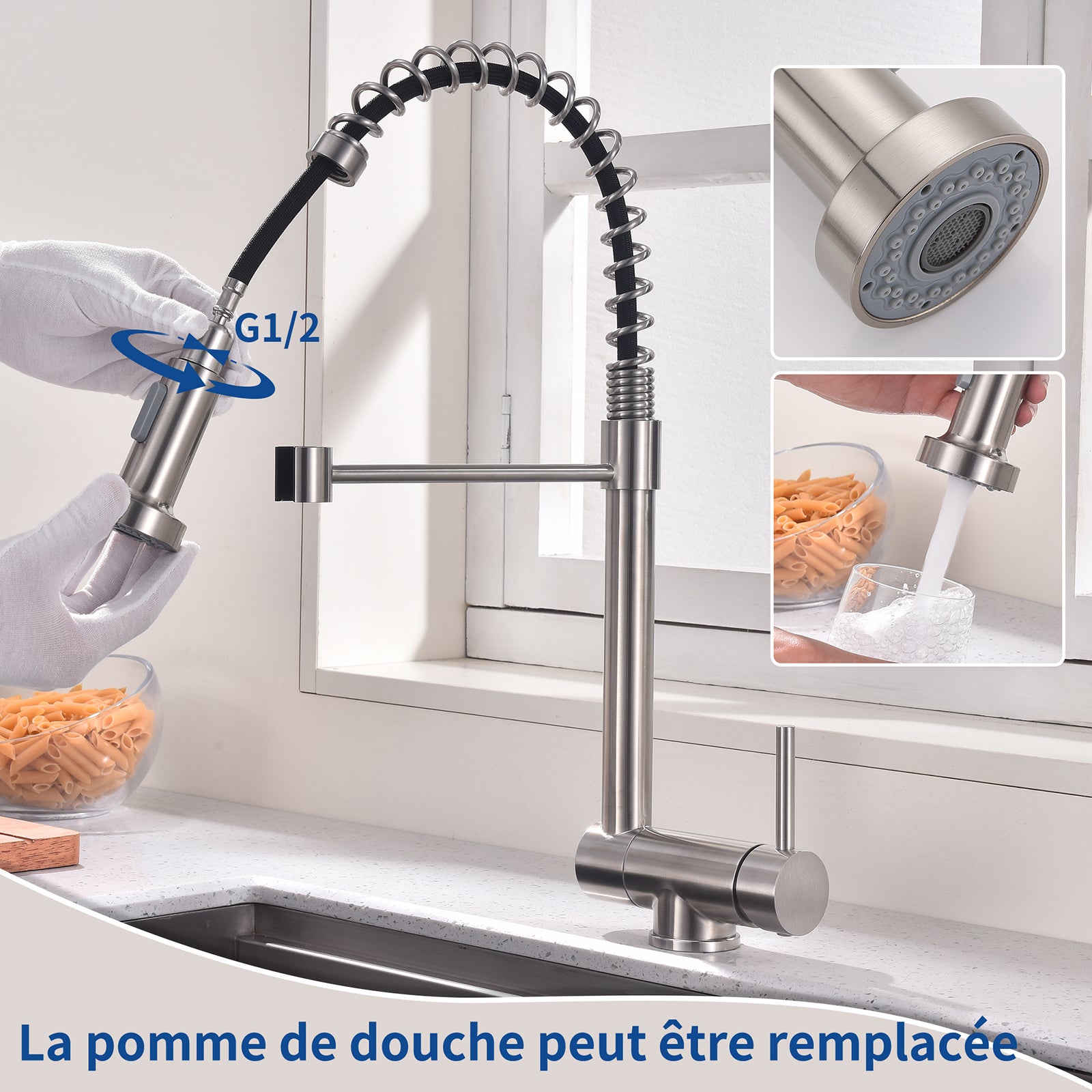 Mitigeur de Cuisine brossé pliable à ressort avec douchette 2 Jets, Robinet Cuisine d'Evier Rabattable Rotatif à 360° en Inox 304 - 7