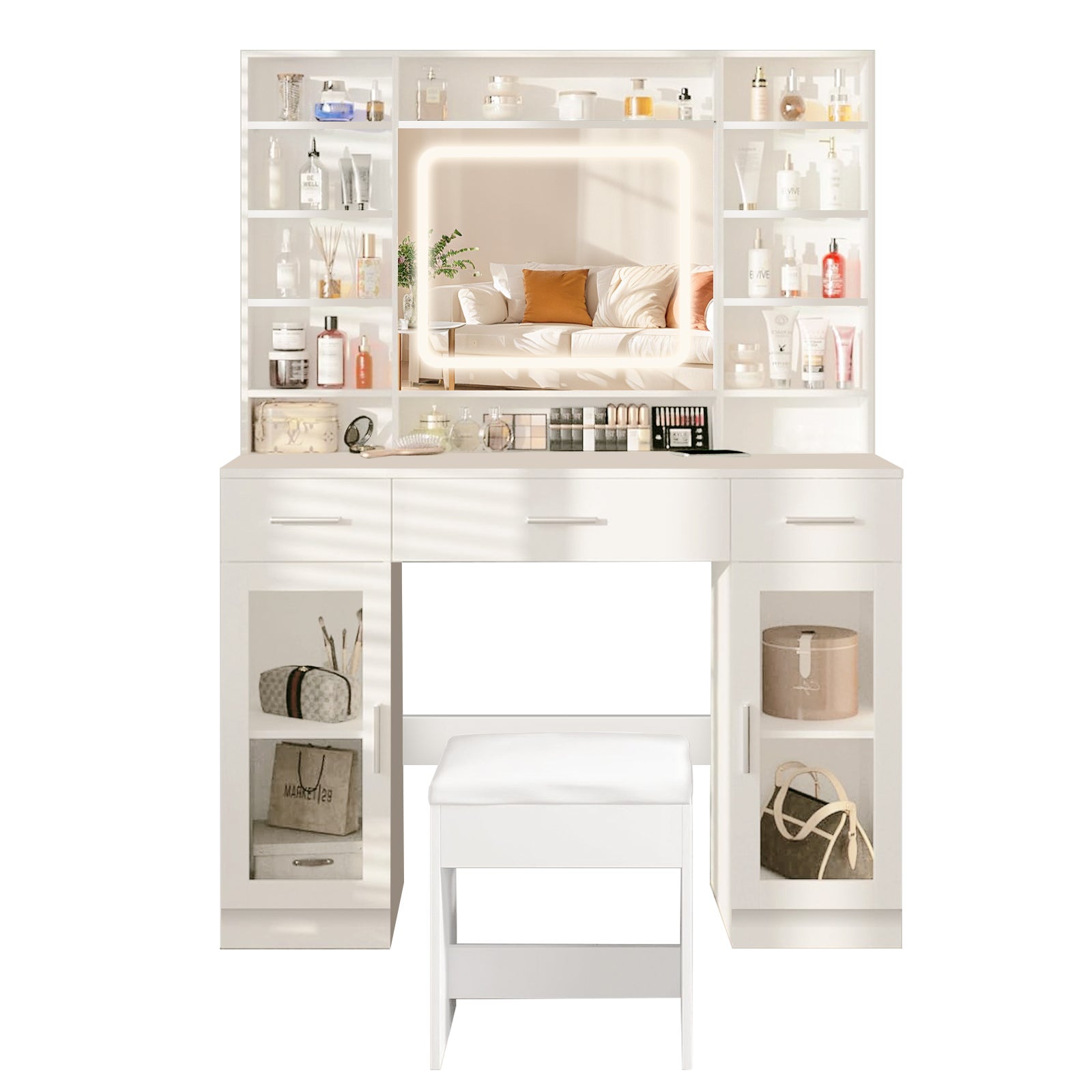 Coiffeuse avec miroir LED en MDF Blanc H. 140 x l. 110 x P. 39.9 cm - 8