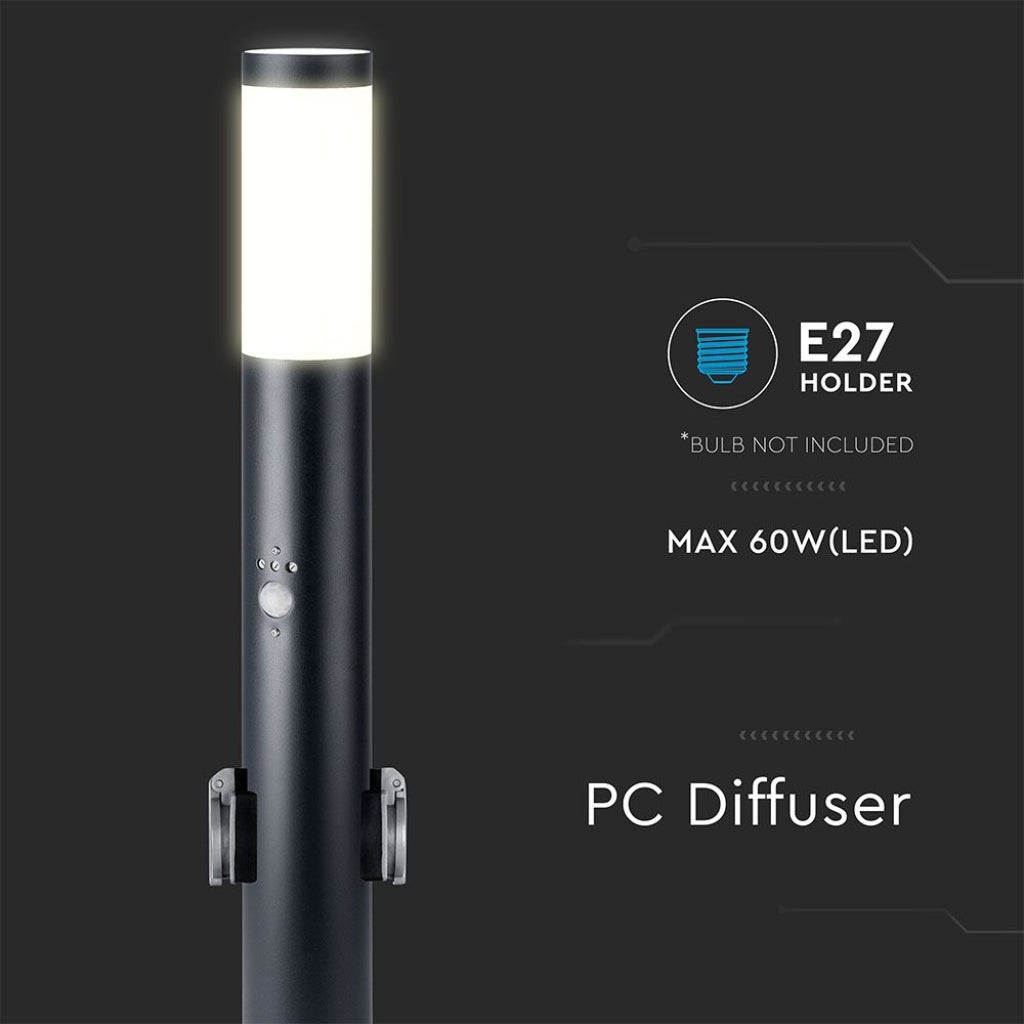 Lampe de jardin LED 60cm avec douille E27, 2 prises Schuko et détecteur de mouvement (max 60W) Acier inoxydable Noir IP44 - 4