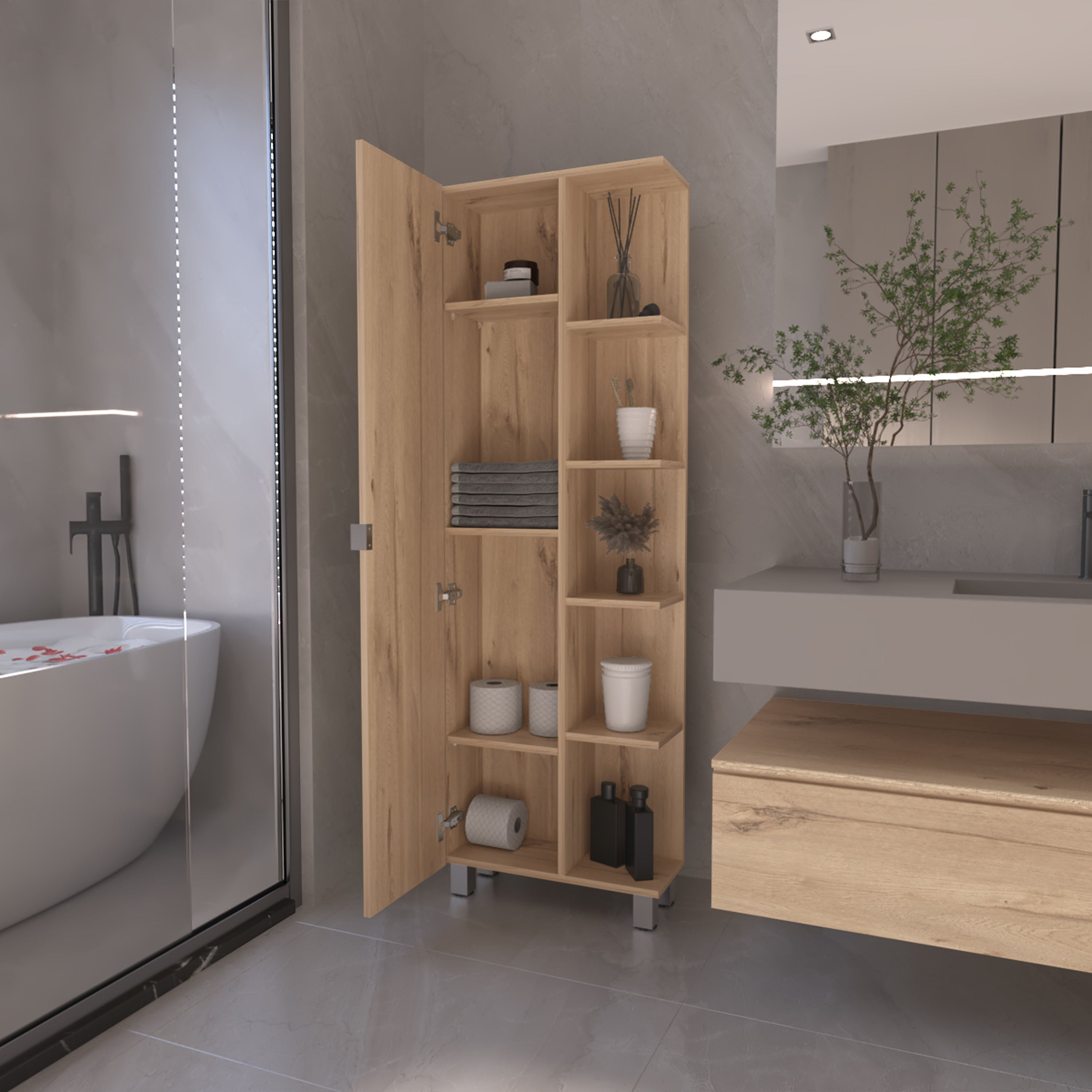 Columna de baño urano en Melamina, con cinco estantes externos y cuatro estantes internos , 158 cm X 51.18 cm X 21.46 cm , Gris / plata - 5