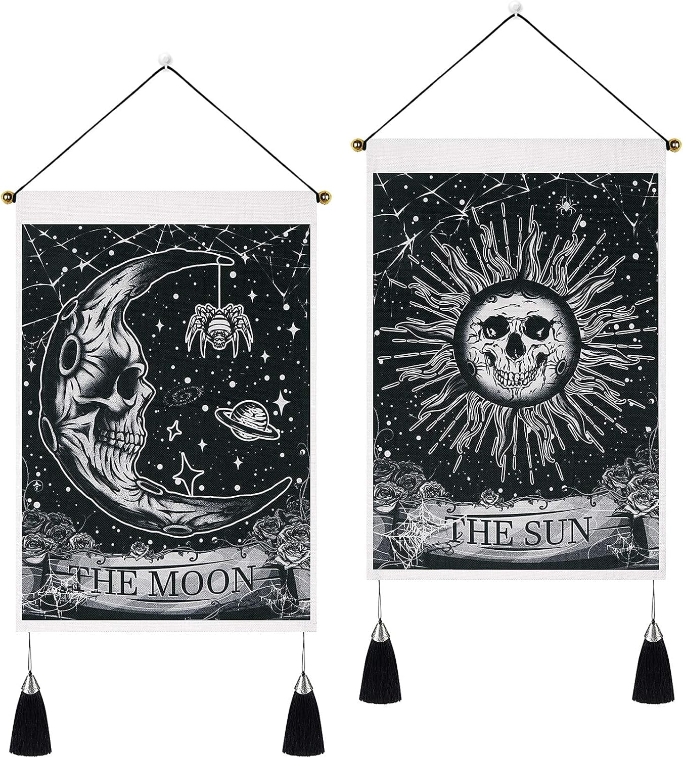 Zestaw 2 małych gobelinów ściennych o wymiarach 35 x 50 cm z frędzlami, motyw szkieletu gotyckiego, Halloween i księżyc - Tapestry ścienny do sypialni