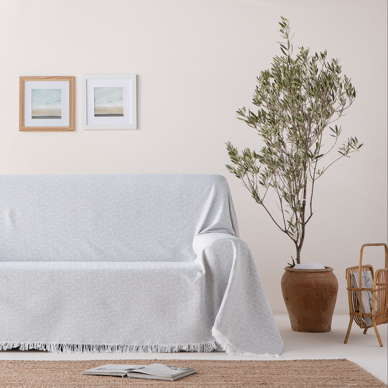 Plaid couvre-lit polyvalent, jeté de canapé Géométrique coton 180x280cm coloris Gris Clair - 2