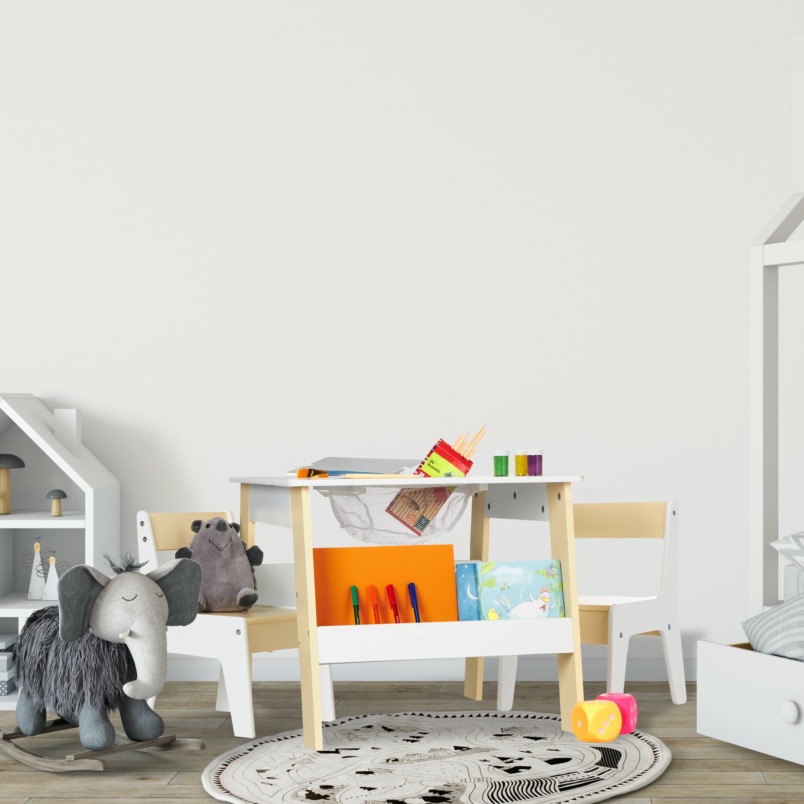 Ensemble mobilier enfants, table, 2 chaises, rangements, mixte, coin salon chambre d'enfant, blanc-beige, Relaxdays - 6
