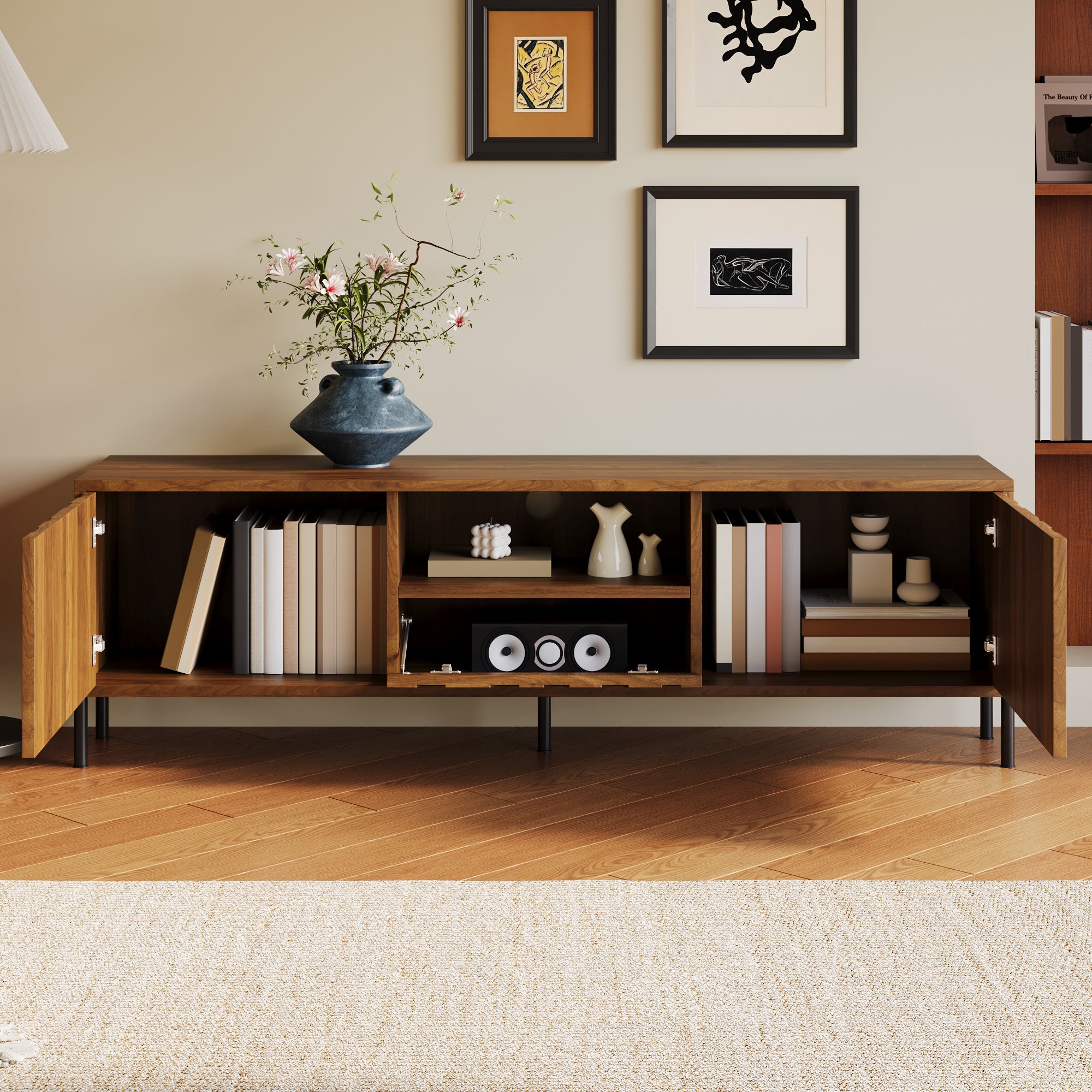 Meble pod TV 160x35x46cm - z 3 frontami - z otwartą przestrzenią do przechowywania - Nogi żelazne - MDF - Kolor naturalny - 4