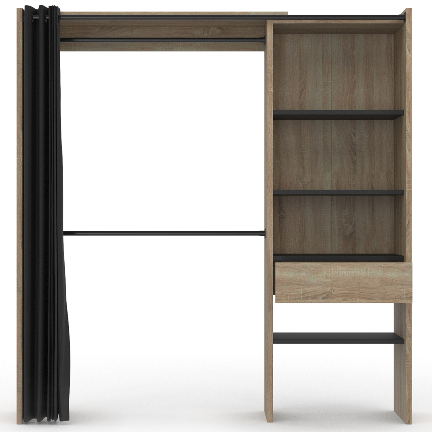 Dressing extensible MARTY 120/170 x 50 x 180 cm hêtre avec étagères + double penderie + rideau noir - 3