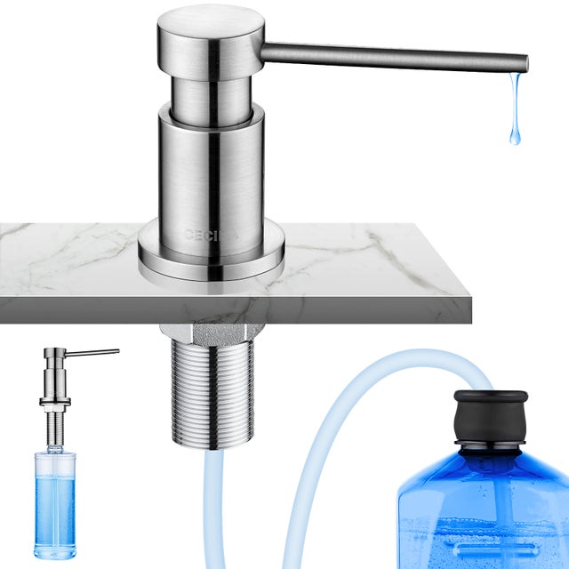 Cecipa MAX Distributeur de Savon de Cuisine Brossée Distributeur de Savon pour Evier avec Récipient de 300ML + Tuyau d'extension en Silicone de 1,25M