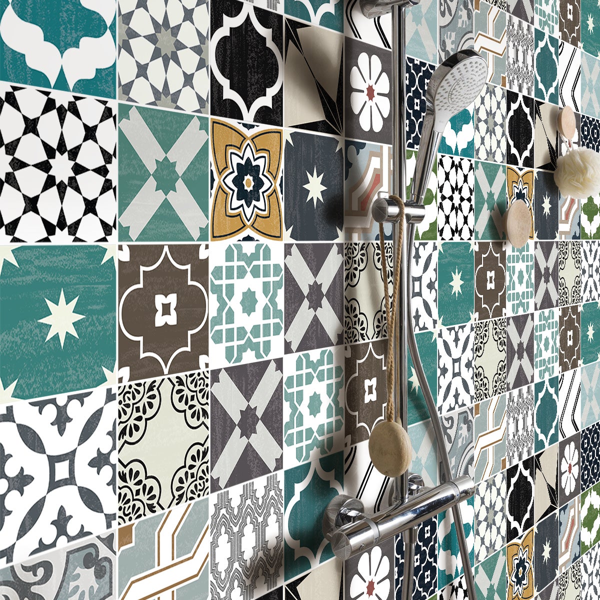 30 vinilos baldosas de cemento ailani - adhesivo de pared - revestimiento sticker mural decorativo - 30stickers15x15cm - 3