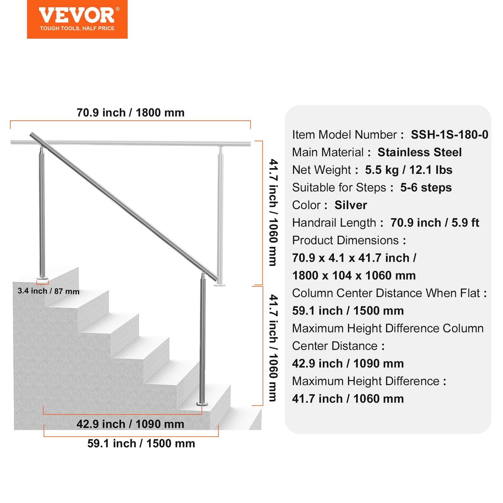 Rampe d'escalier extérieure,VEVOR kit rampe d'escalier 71
