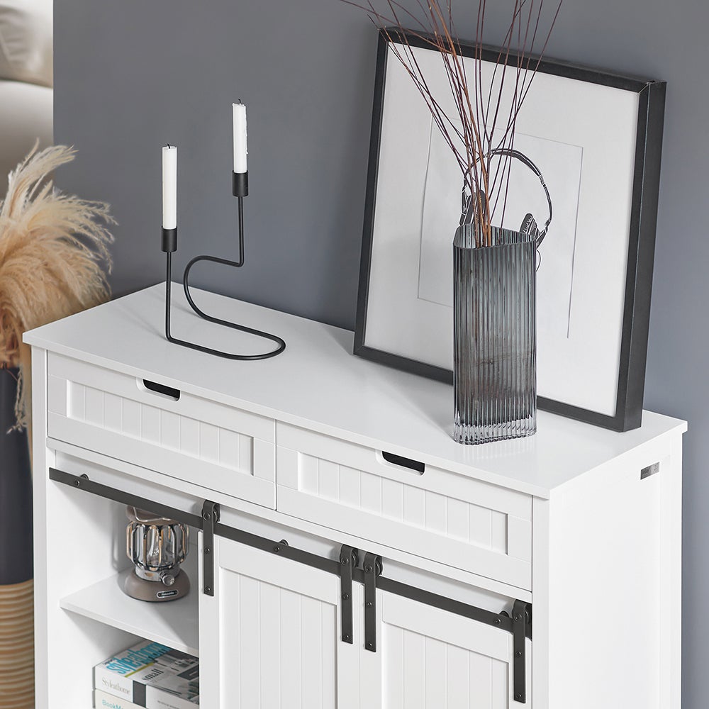 SoBuy FSB74-W Armoire de Rangement avec 2 Portes de Grange Coulissantes 2 Tiroirs 104x35x93cm Blanc - 4