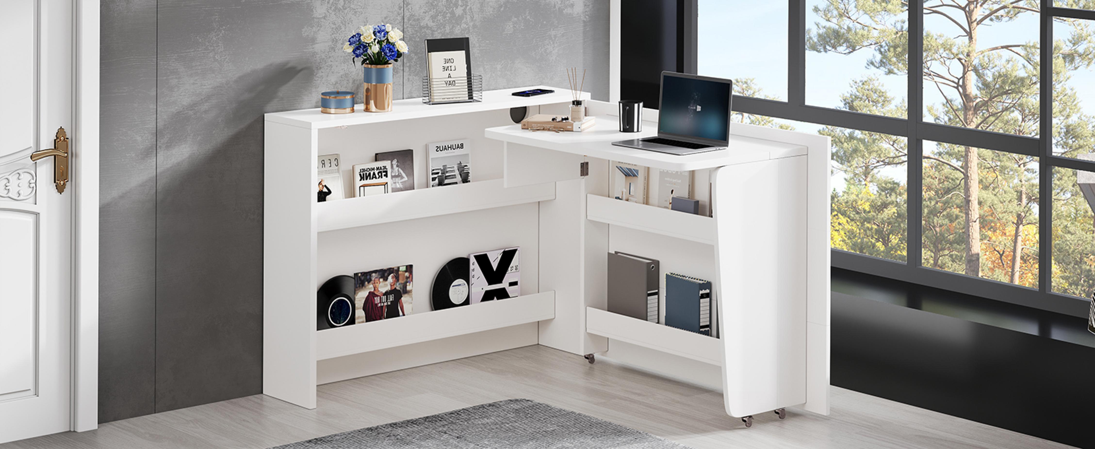 Bureau Pliable avec Roulettes et Chargeur Sans Fil – 2-en-1 Sideboard et Espace de Travail avec Étagères et Sécurité Anti-Basculement - 9