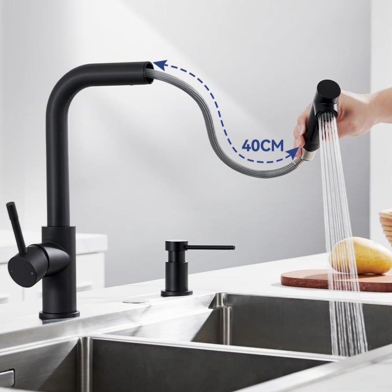 LOVHAUS Bateria Kuchenna z Wyciąganą Wylewką, Czarna Bateria Kuchenna ze Stali Nierdzewnej, Bateria Zlewozmywakowa Obracająca się o 360