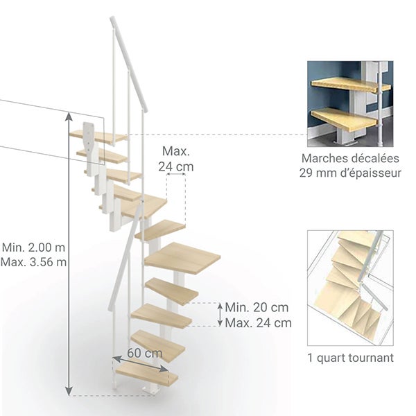 Escalier 2 quart tournant 13 marches - Hauteur à franchir de 2.80m à 3.32m - Largeur 60cm - Couleur bois et blanc - SMALL60/U/SBNAT-13 - 2