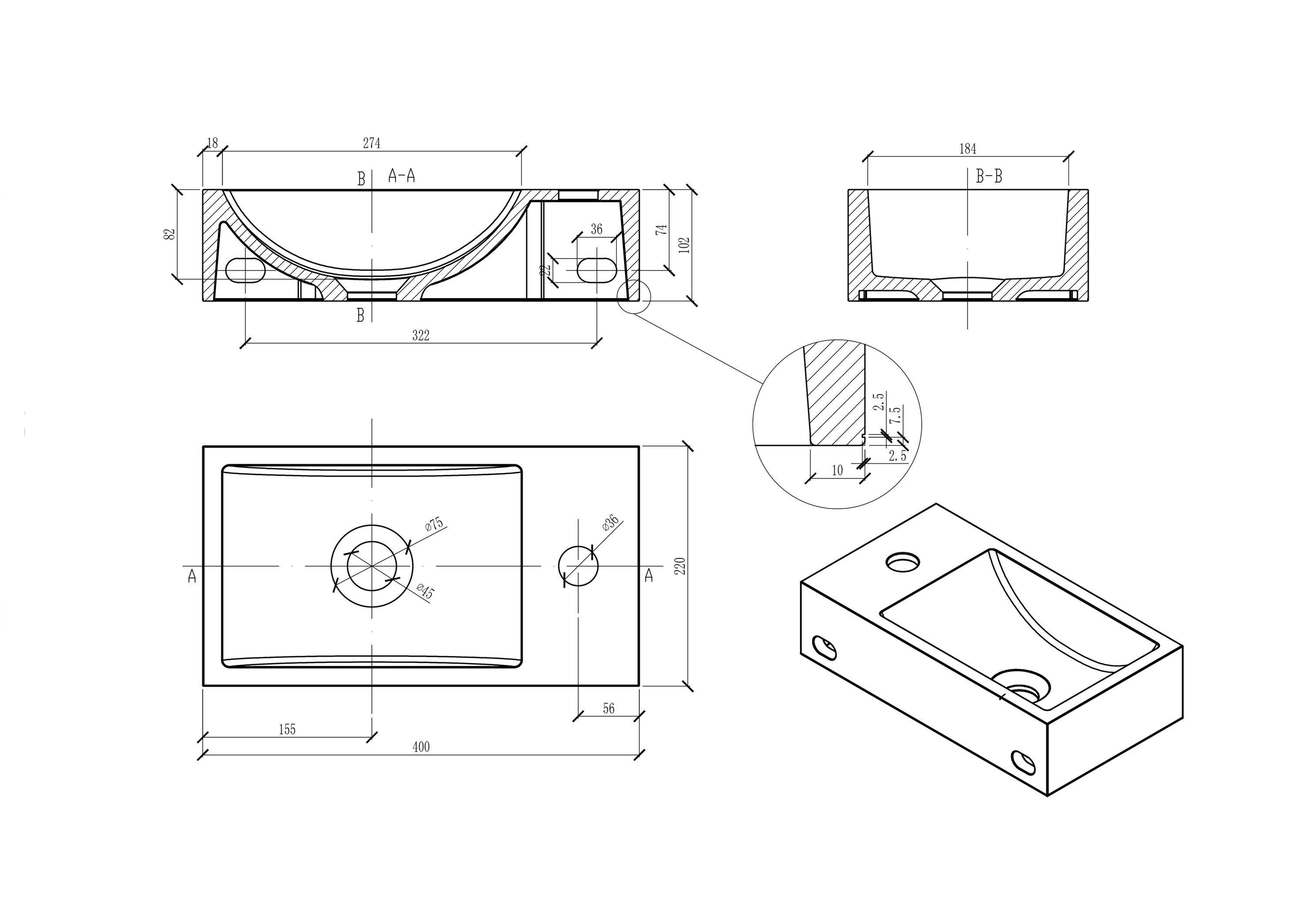 BERNSTEIN - Lavabo a parete in ghisa minerale - 44x22x10cm - BA18 - Con scarico e coperchio, Contenitore diritto, Senza console, Quarzo nero - 3