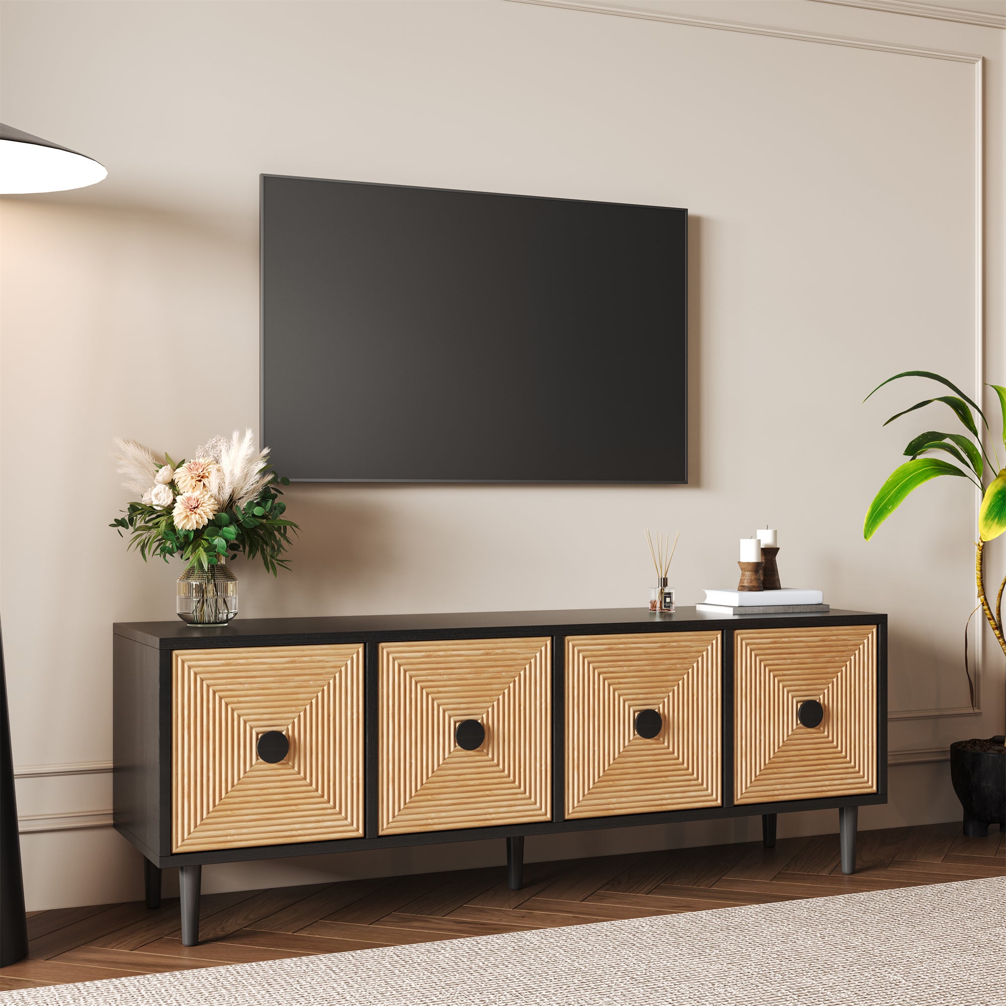 Mobile TV MISNODE Con LED E Cassetti Tessuto - 4 Cassetti, Nero, Design Vintage Moderno, 137x29.8x78cm
