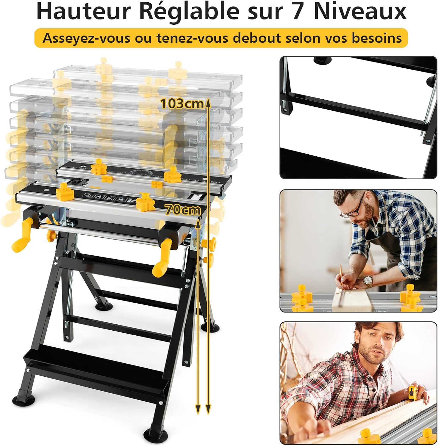 Établi Pliable avec Plate-Forme Inclinable 7 Hauteurs réglables, Support de Scie Garage Cadre en Alu avec 2 Poignées de Serrage - 6