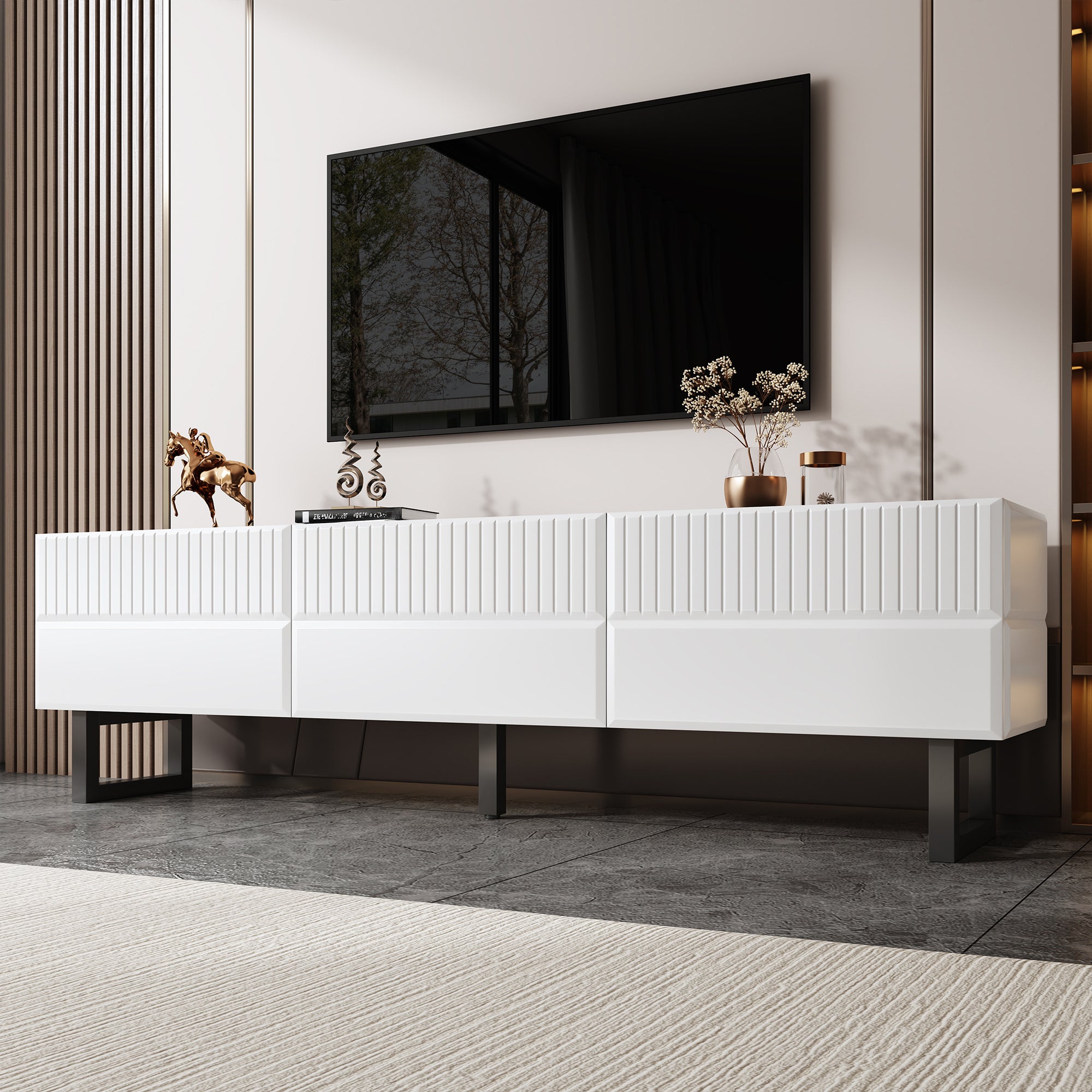 Meble pod TV 170x35x47cm - z 3 szufladami - Błyszczący lakierowany blat - Żelazne nogi - MDF - Biały i czarny - 3