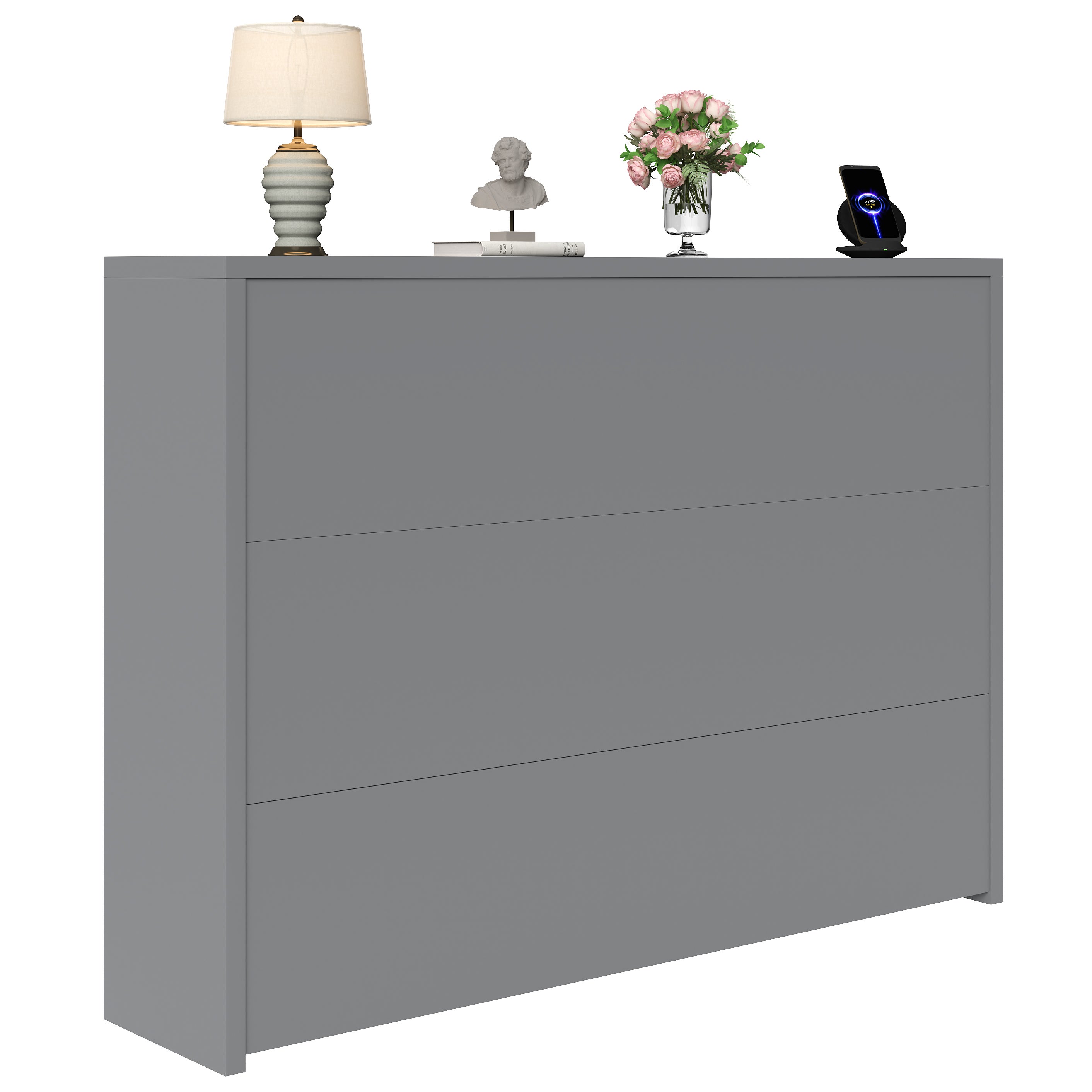 Bureau pliable 115x27x93 cm - avec fonction de charge sans fil - avec étagères et roulettes - Finition haute brillance - Gris - 5