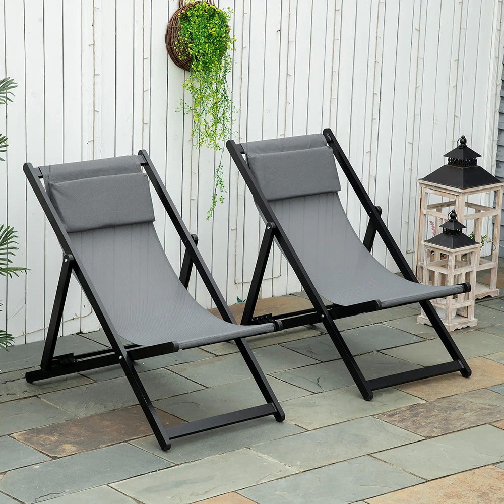 Lot De 2 Chaises Longues Pliantes Outsunny - Transat Jardin Textilène Avec Coussin & Appui-tête, 5 Positions, 120 Kg Max