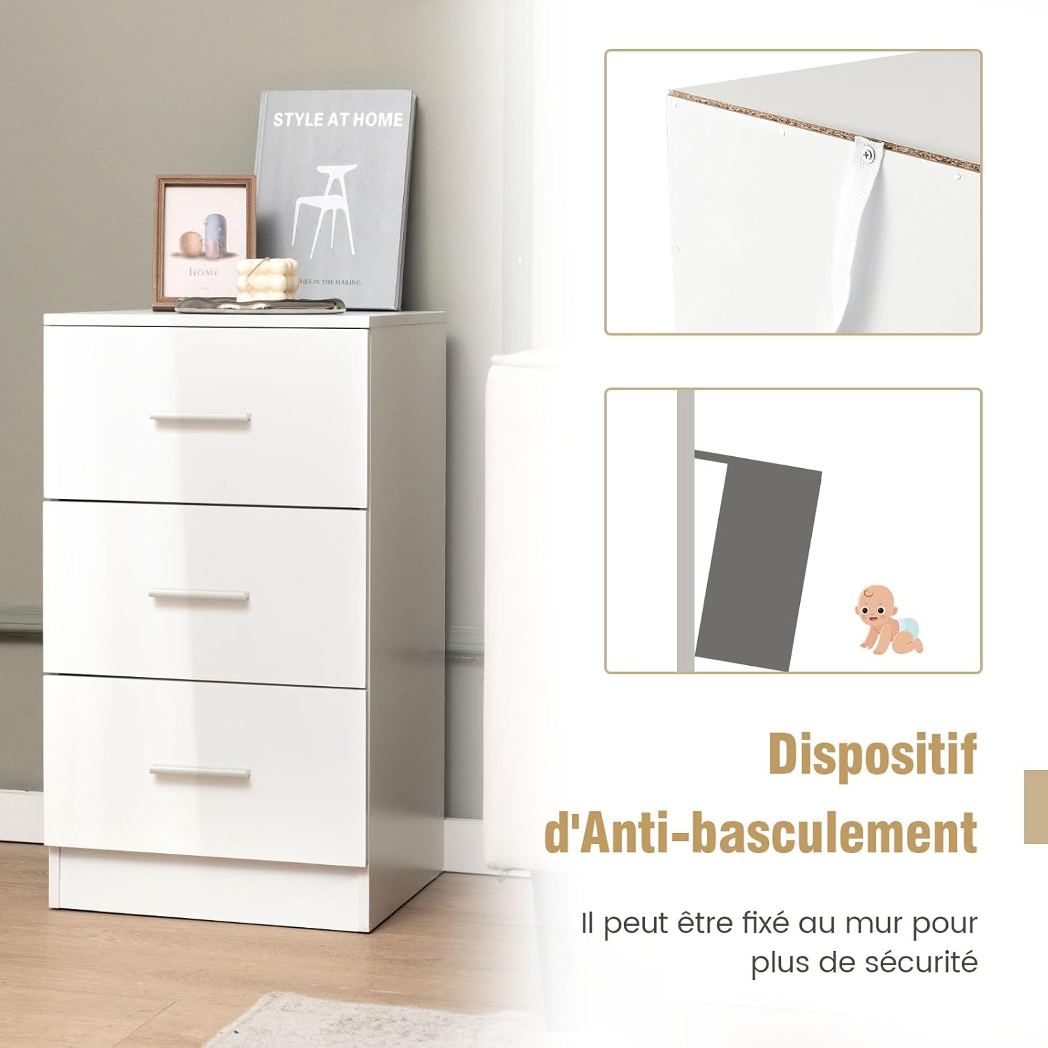 Caisson de Bureau Meuble de Rangement avec 3 Tiroirs pour Lettre,Dossiers et Documents Blanc - 4