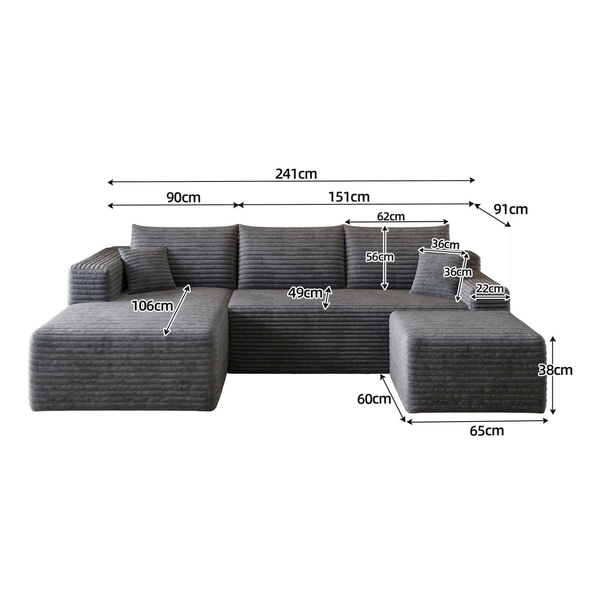 Canapé d'angle 4 places 241 cm, style moderne minimaliste, tissu côtelé gris foncé, assise profonde, sans montage - 4