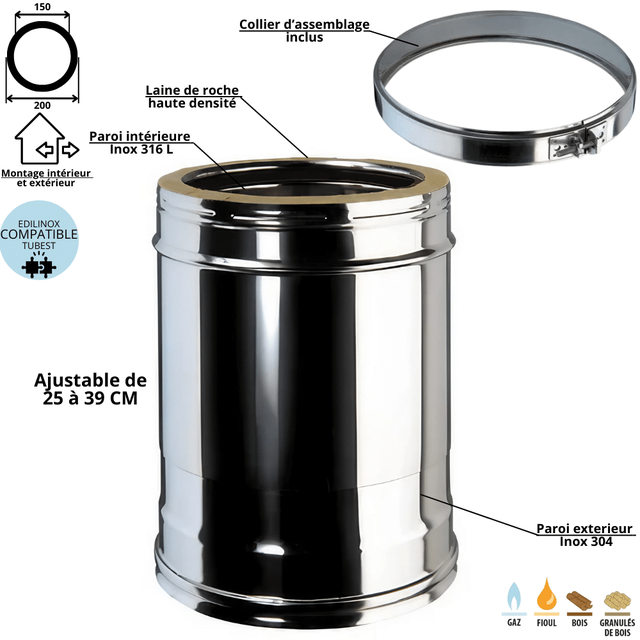 Élément réglable 26 à 39 cm conduit double isolé Edilinox - Diamètre 150 mm