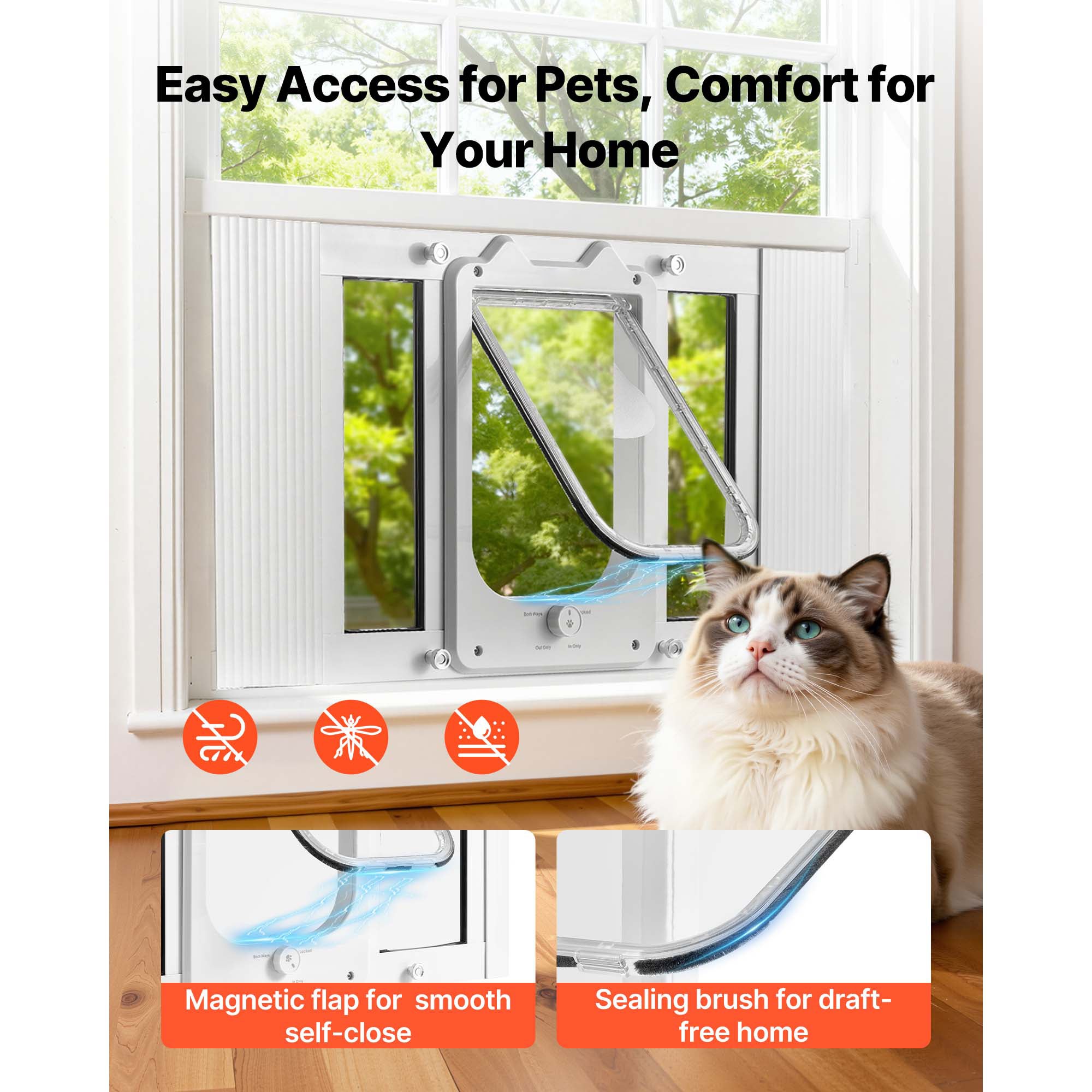 Porta para gatos com janela SucceBuy ajustável 58,4-71,1 cm, porta para gatos 4 vias de fecho, moldura de alumínio, vidro transparente, branco - 4