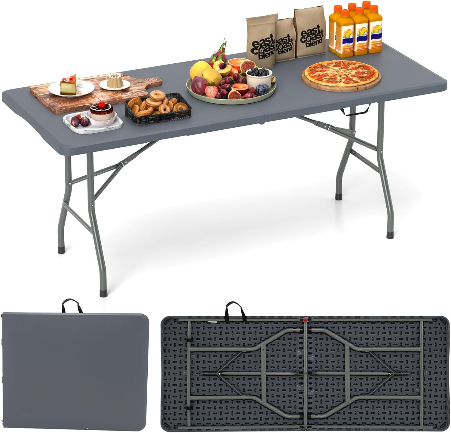 Składany Stolik Przenośny, Obszerny Blat 180x74 cm, z Uchwytem do Przenoszenia, do Użytku Wewnątrz i na Zewnątrz, na Kempingu, Pikniku, Grillu, Szary