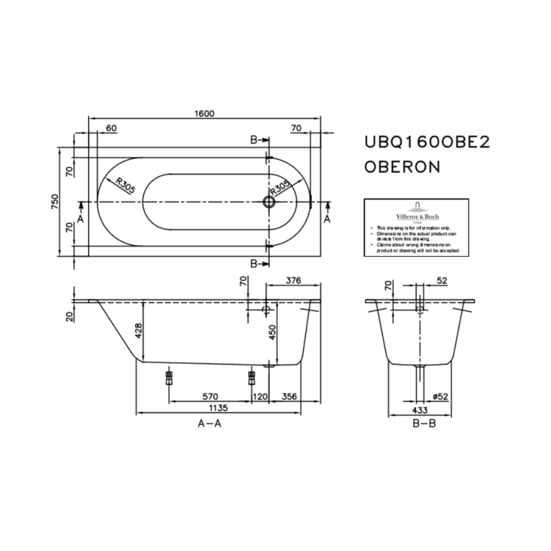 Baignoire droite 160 x 75 VILLEROY ET BOCH Oberon Quaryl - 4