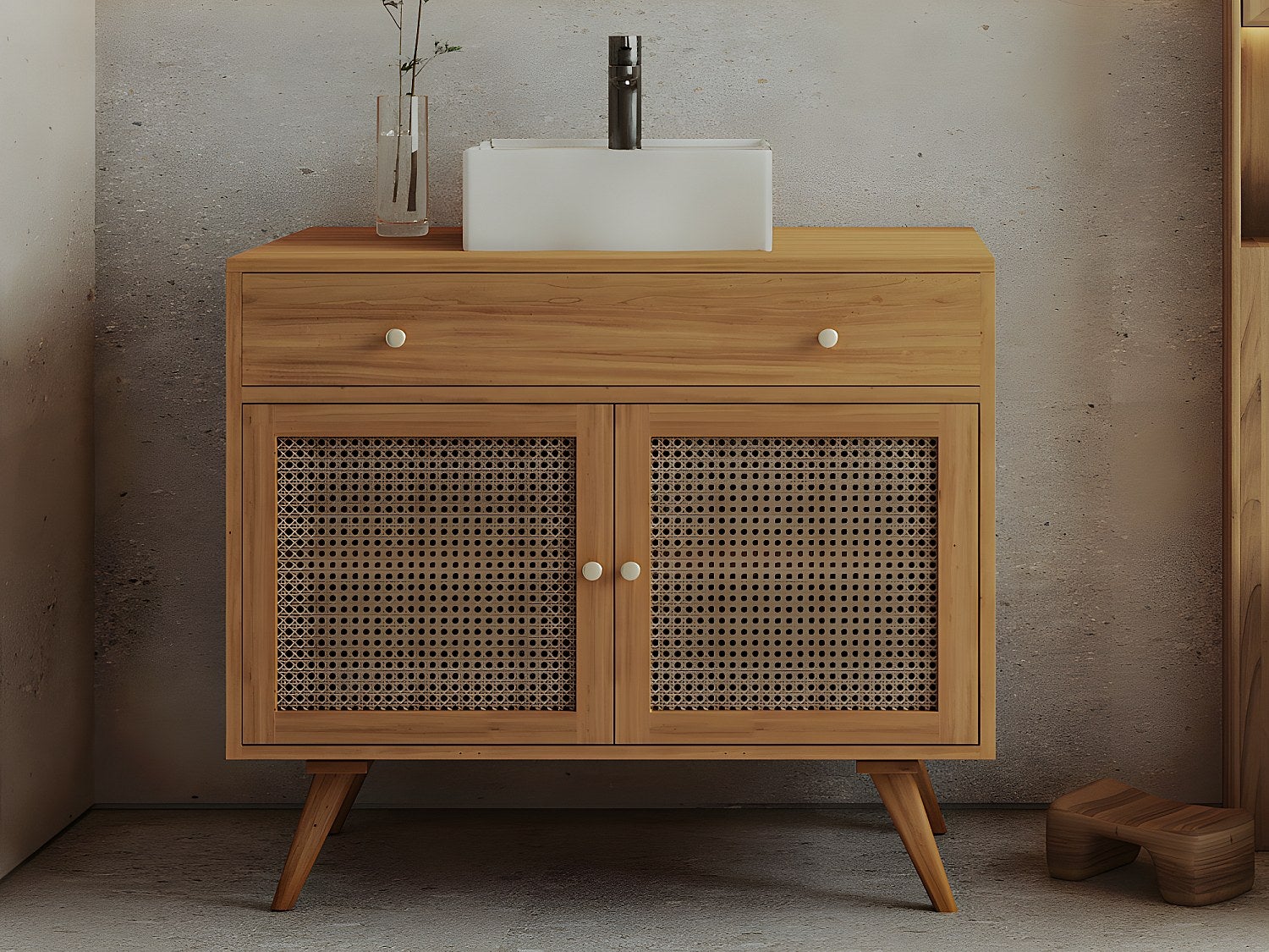 Szafka łazienkowa z jasnego drewna tekowego z plecionką i umywalką ceramiczną - 90 cm - MANSULAN