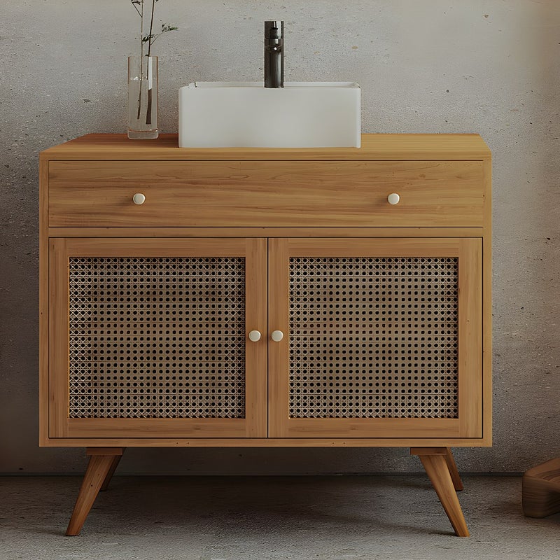 Szafka łazienkowa z jasnego drewna tekowego z plecionką i umywalką ceramiczną - 90 cm - MANSULAN