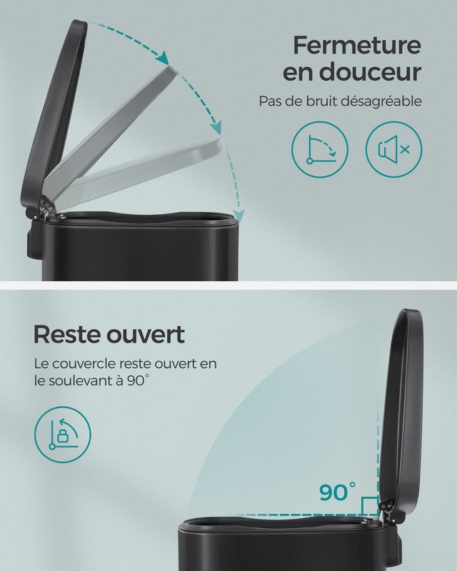 Poubelle Cuisine 50L, Poubelle Bureau, Fermeture en Douceur, avec Pédale, en Acier, Seau Intérieur, Noir - 4