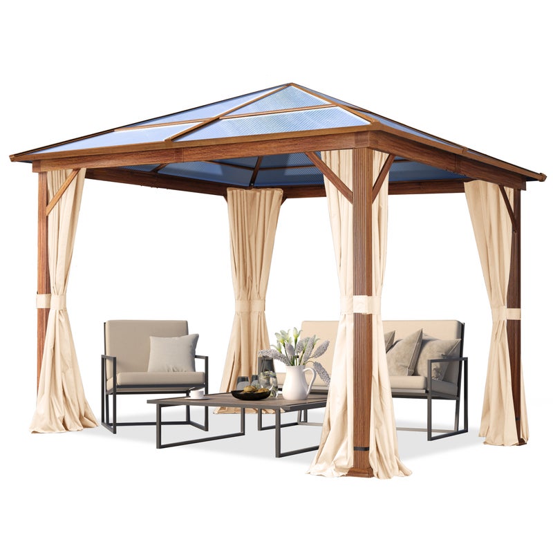 Pawilon ogrodowy 3x3 m w optyce drewna Hardtop dach z poliwęglanu ok. 8 mm z ściany boczne w kolorze szampański