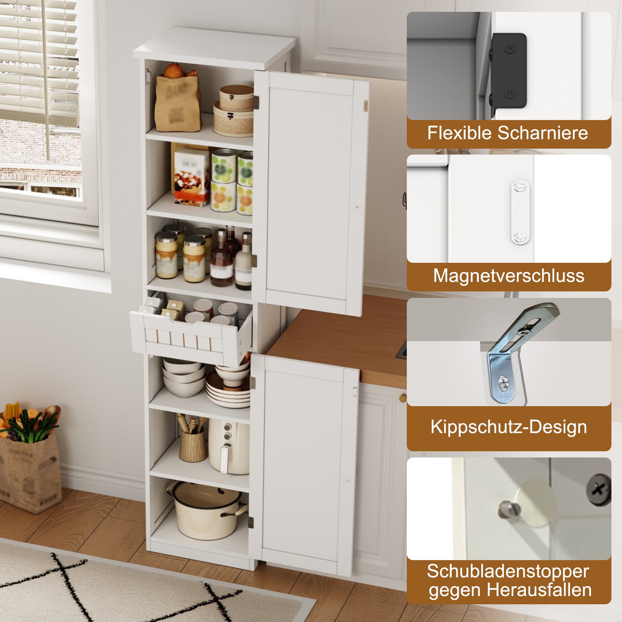 Colonne de rangement avec 2 portes, 1 tiroir et 4 étagères réglables, buffet de cuisine - 40 x 30 x 170 cm - MDF - Blanc - 4