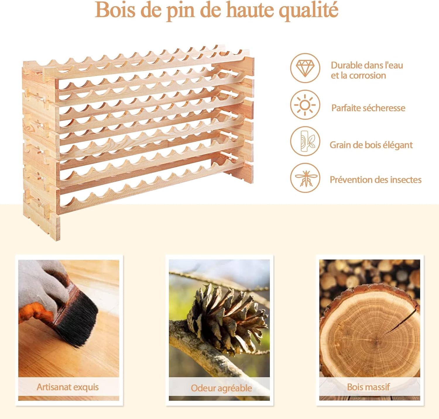 72 Bouteilles Étagère à Vin/Porte-Bouteilles 6 Étagères 119 x 29 x 71,5 CM,Range Bouteille en Bois de Pin Massif Caves à Vin pour Cuisine - 5