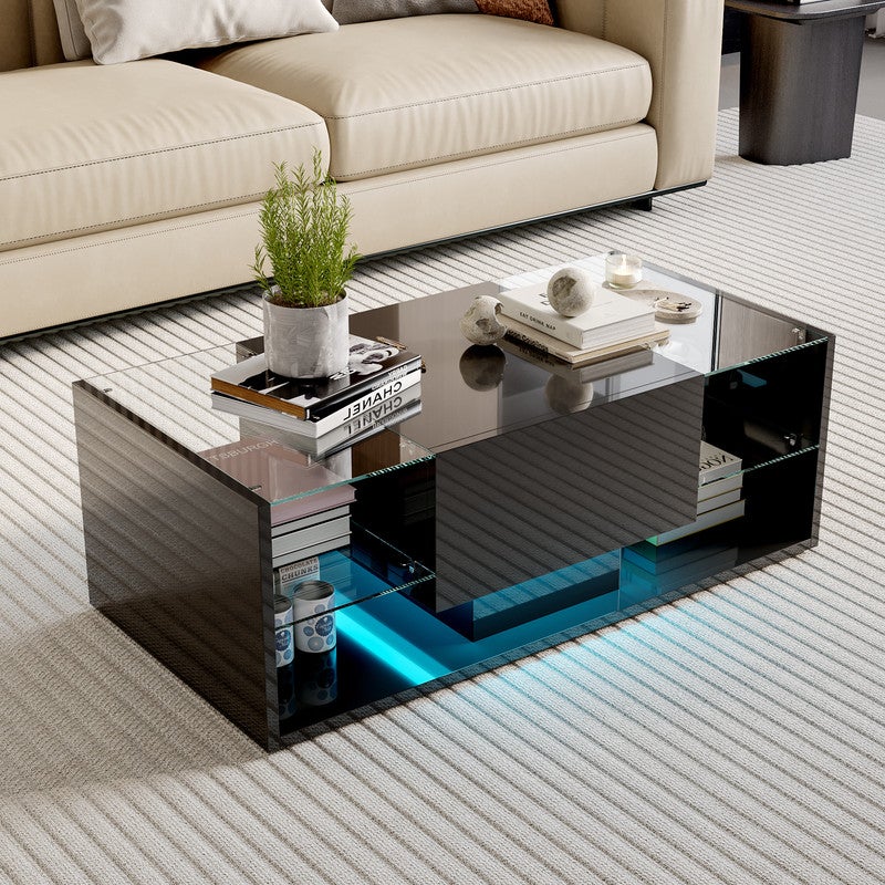 Table basse, Table basse salon LED avec espace de rangement, Table brillante avec étagère en verre, 100L x 50B x 35H cm - 2