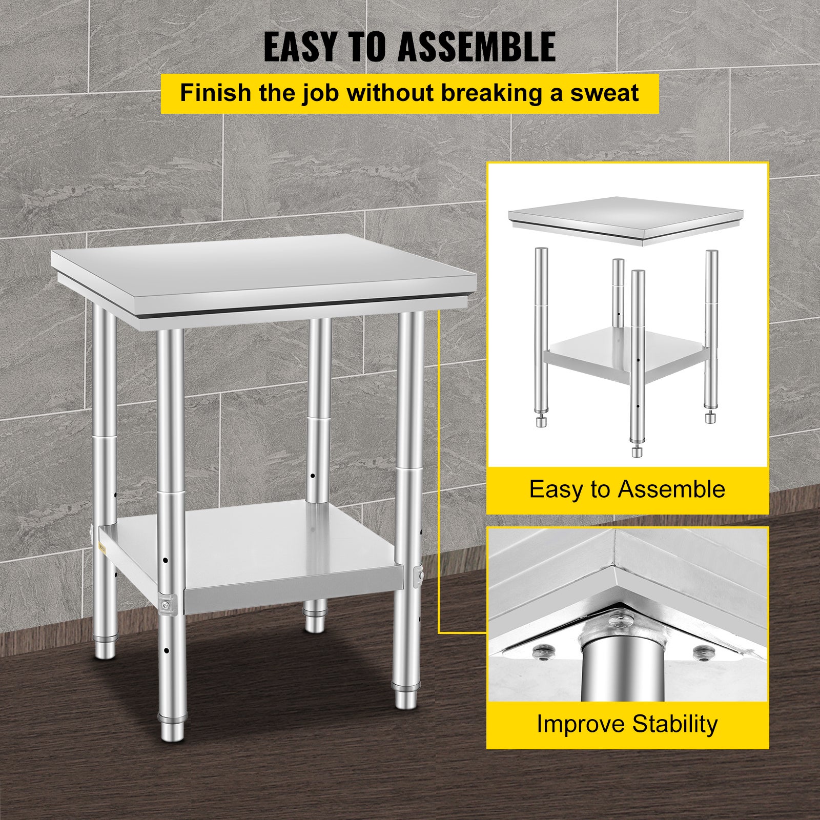 Table de Travail Cuisine Inox VEVOR 60x60x80 cm Plan de Travail Cuisine en 2 Etages Table de Travail en Acier Inoxydable pour Préparation de Cuisine - 6
